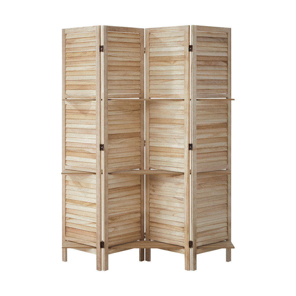Oikiture 4 Panel Room Divider With Shelves Timber Wooden Natural