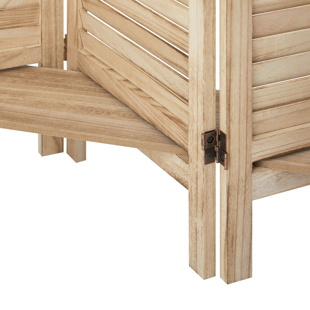 Oikiture 4 Panel Room Divider With Shelves Timber Wooden Natural