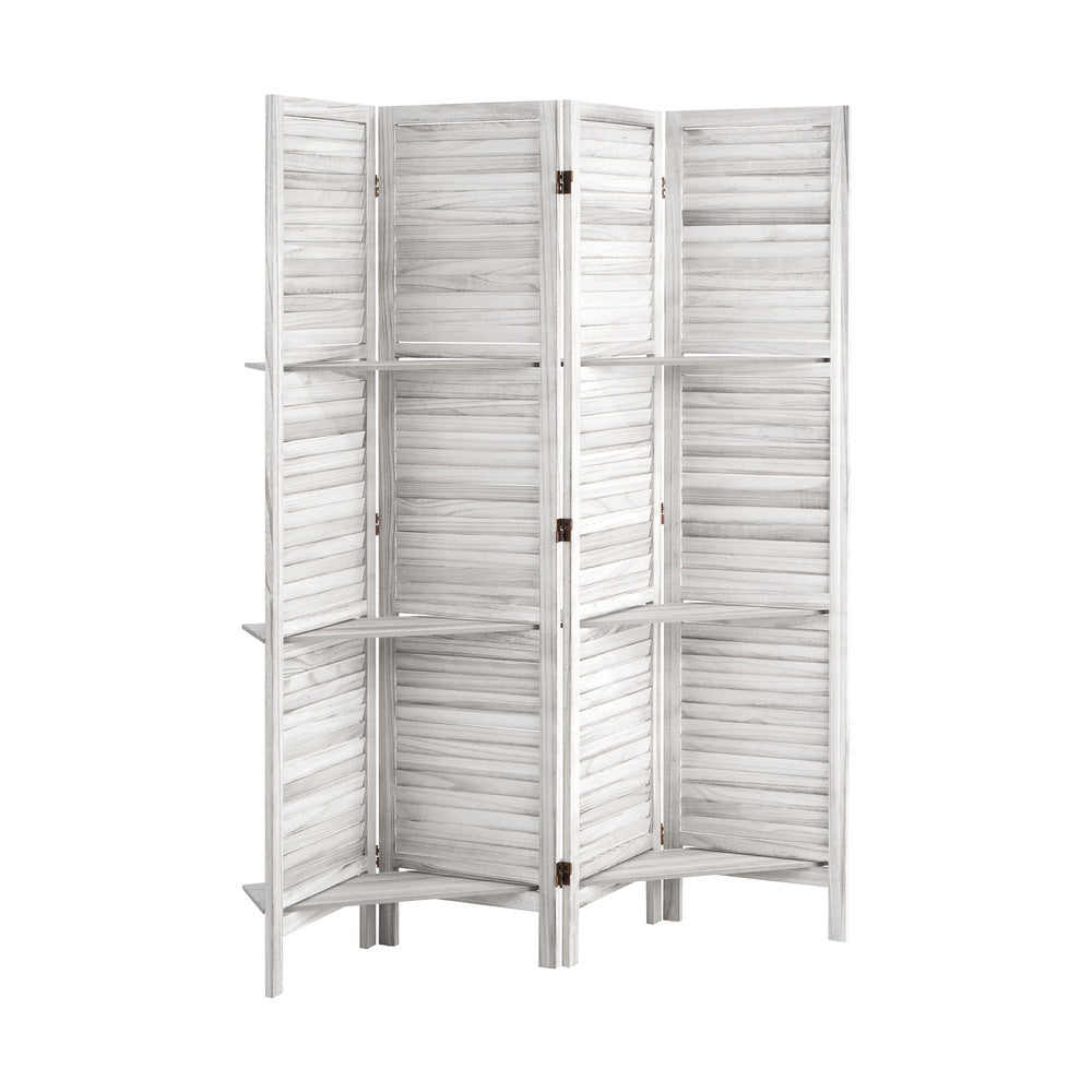 Oikiture 4 Panel Room Divider With Shelves Timber Wooden White