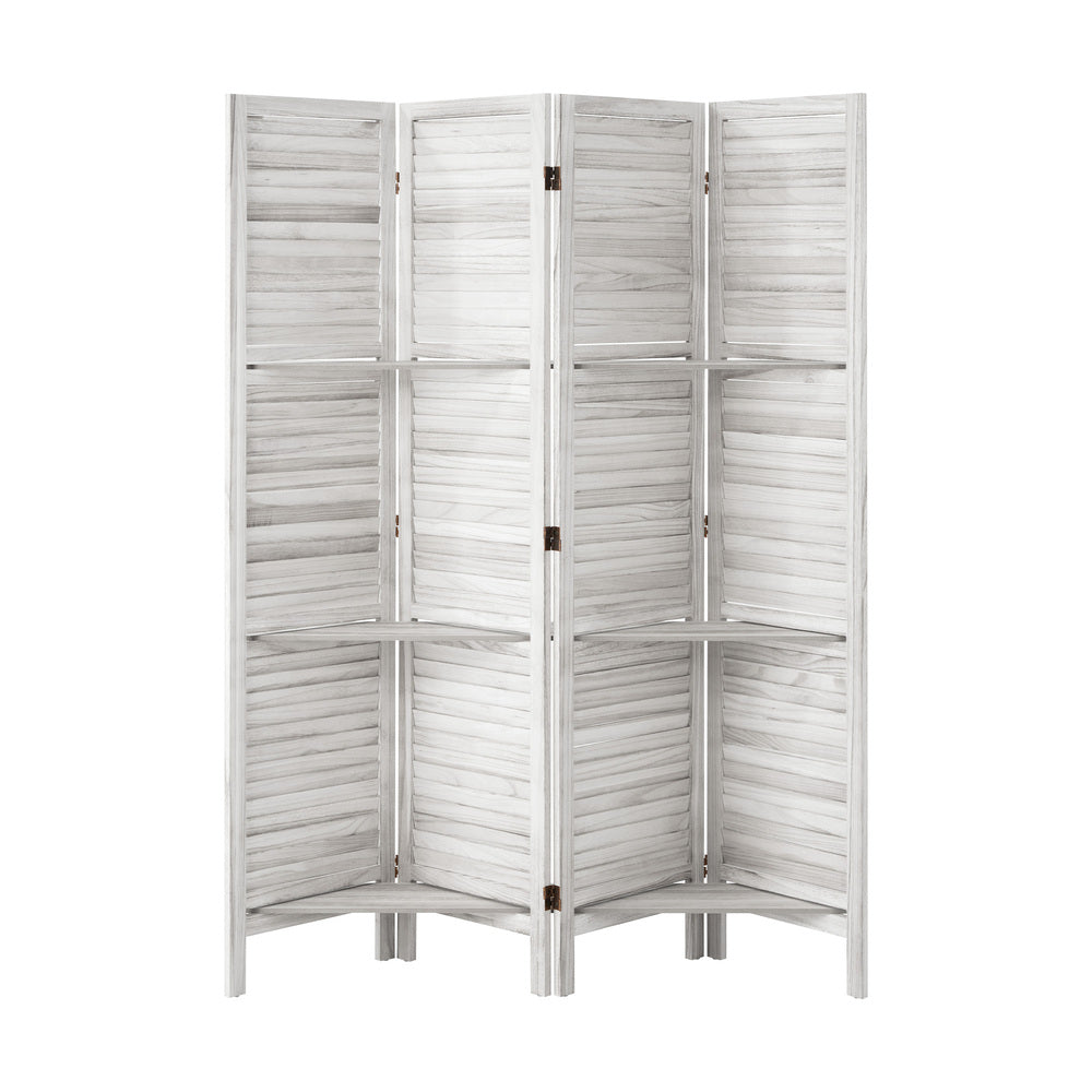 Oikiture 4 Panel Room Divider With Shelves Timber Wooden White