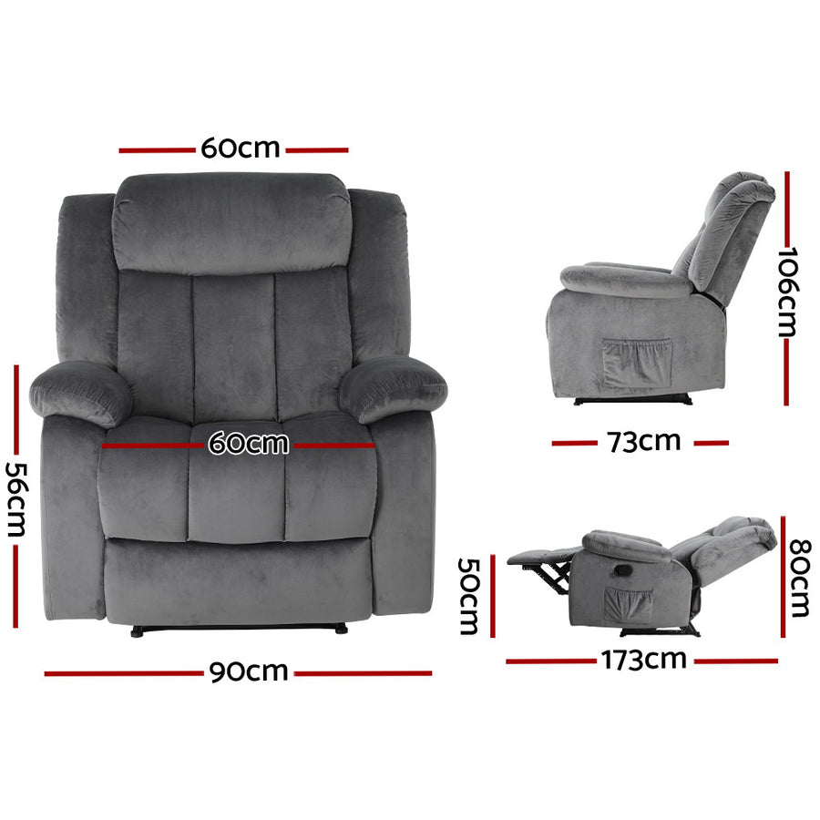 Artiss Recliner Chair Electric Massage Chair Velvet Lounge Sofa Heated Grey, Reclining
