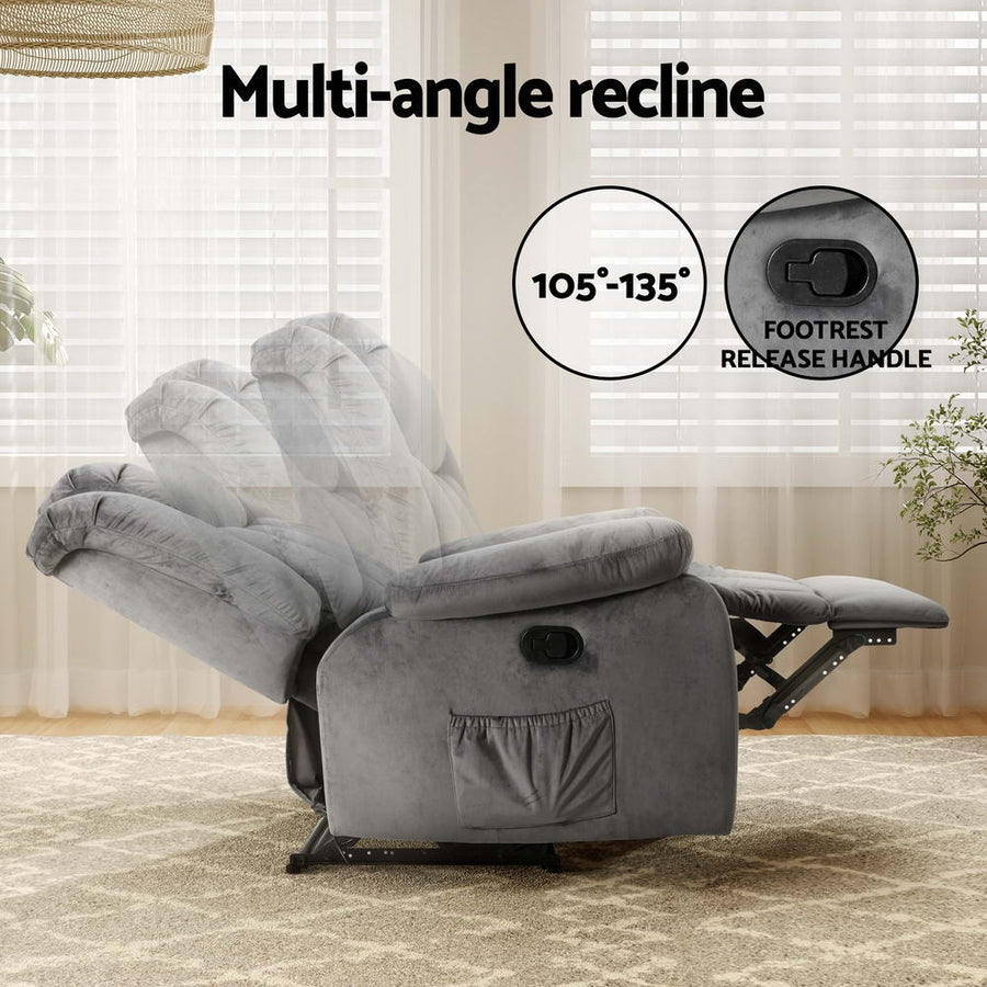 Artiss Recliner Chair Electric Massage Chair Velvet Lounge Sofa Heated Grey, image 5