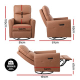 Artiss Swivel Recliner Chair Leather Rocking Reclining Sofa with Charging Ports LED Brown - Front View