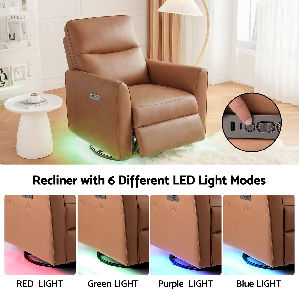 Artiss Swivel Recliner Chair Leather Rocking Reclining Sofa with Charging Ports LED Brown