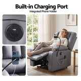 Artiss Power Lift Recliner Chair with Massage and Heat for Elderly, Electric Sofa Reclining Chair with USB and Phone Holder, PU Leather Comfy Armchair for Living Room, 2 Cup Holder & 4 Pockets, Grey - Close-Up Angle