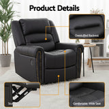 Artiss Leather Manual Recliner Chair with USB Charge Port, Overstuffed Armchair Sofa for Living Room and Nursery, Asjustable Theater Reclining Lounge with Comfortable Wide Seat, 150kg Capacity, Black - Close-Up Angle