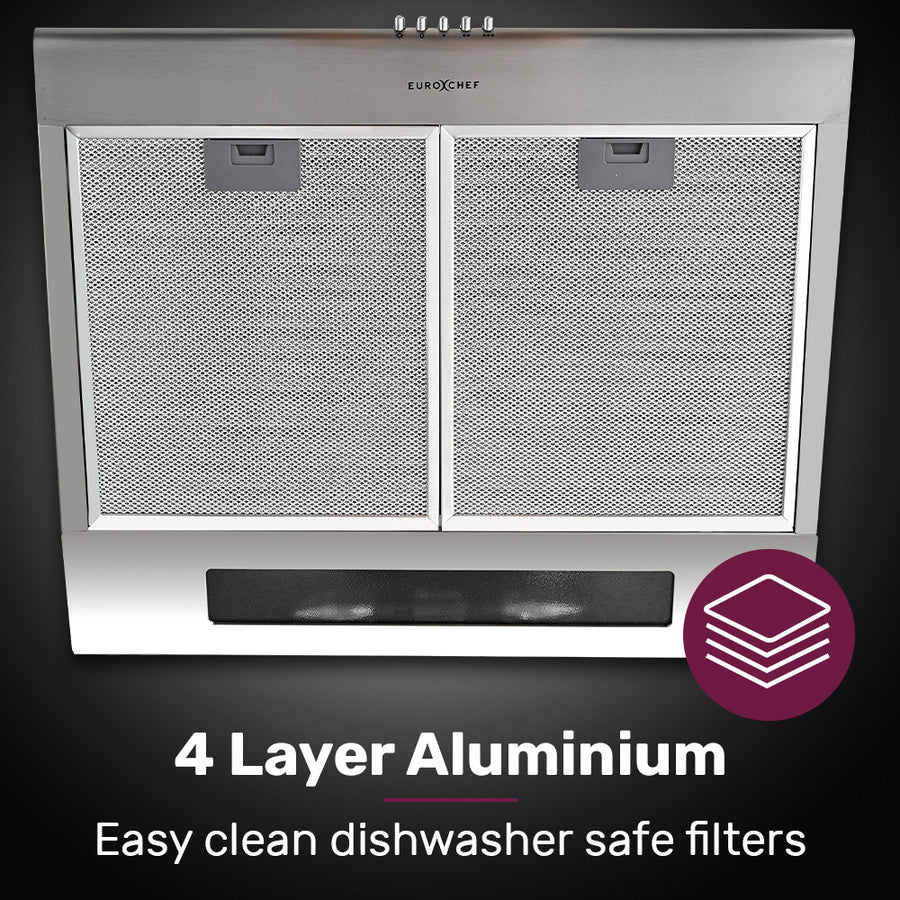 EUROCHEF 60cm Fixed Stainless Steel Rangehood, Quiet 3-Speed, 4-Layer Dishwashable Filters, Halogen Lights EFR60S