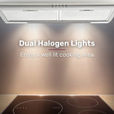 EUROCHEF 60cm Fixed Stainless Steel Rangehood, Quiet 3-Speed, 4-Layer Dishwashable Filters, Halogen Lights EFR60S - Close-Up Angle