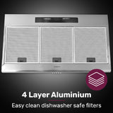 EUROCHEF 90cm Fixed Stainless Steel Rangehood, Quiet 3-Speed, 4-Layer Dishwashable Filters, Halogen Lights EFR90S - 45-Degree Angle