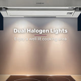 EUROCHEF 60cm Slideout Stainless Steel Rangehood, Quiet 2-Speed, 3-Layer Dishwashable Filters, Halogen Lights ESR60S - Close-Up Angle
