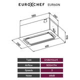 EUROCHEF 60cm Undermount Rangehood Silver, Quiet 3-Speed, 3-Layer Dishwashable Filter, LED Lights EUR60N - Rear View