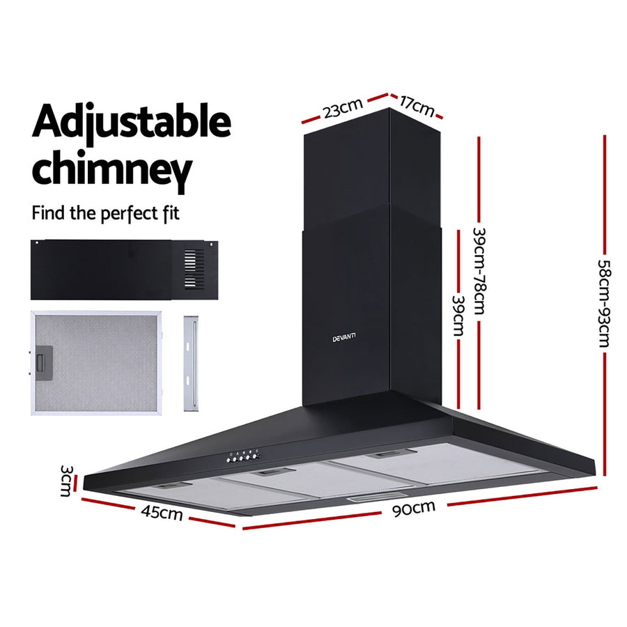 Devanti 900mm Range Hood 90cm Rangehood Black, image 2