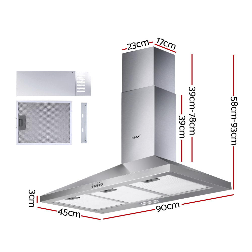 Devanti 900mm Range Hood 90cm Rangehood Stainless Steel