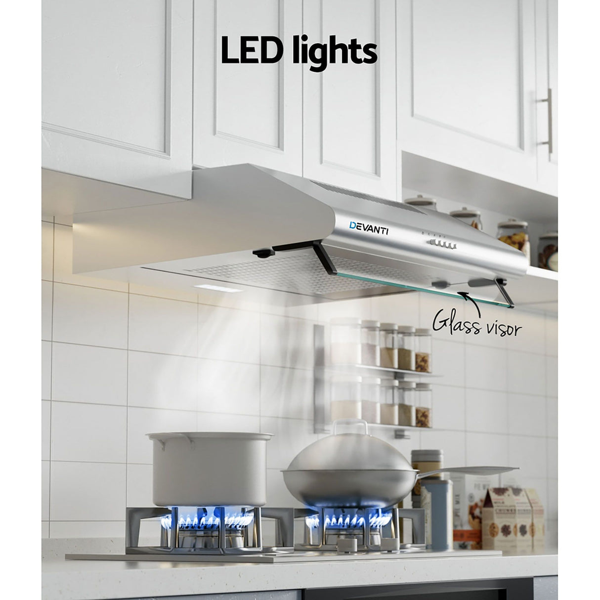 Devanti 60cm Stainless Steel Kitchen Canopy Range Hood with LED Lighting and Powerful Extraction