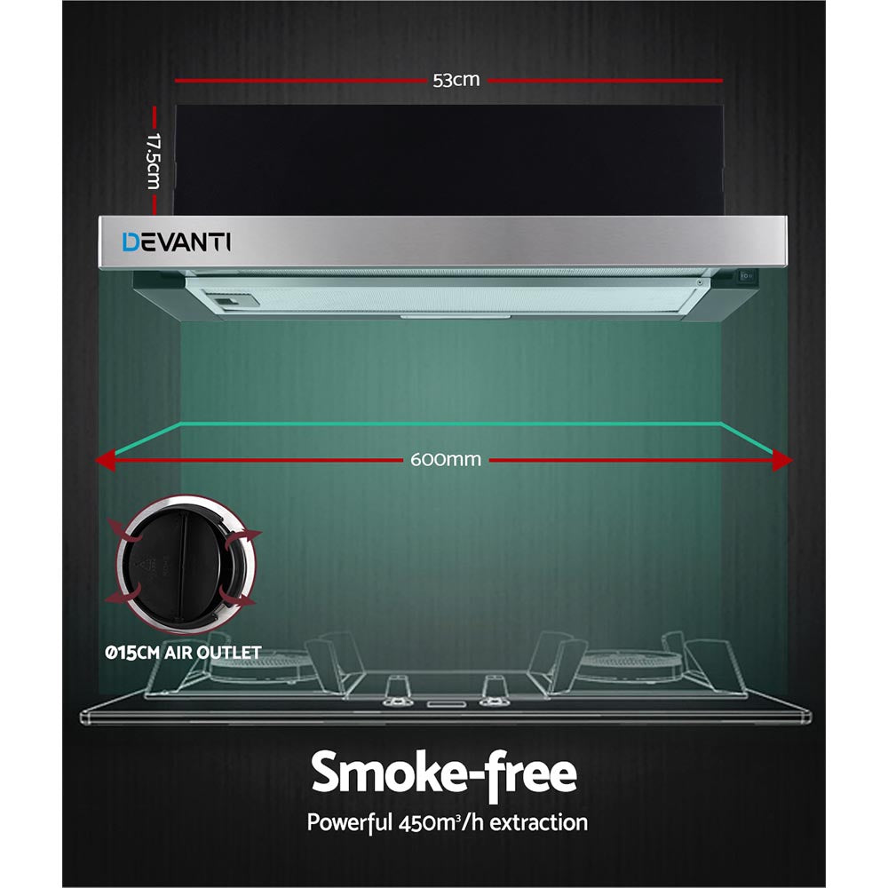 Devanti 60cm Slide-Out Stainless Steel Kitchen Canopy Range Hood - Black