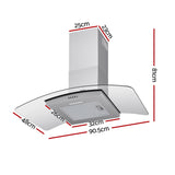 Devanti 90cm Range Hood Curved Glass Canopy Rangehood Kitchen Exhaust Fan - Front View