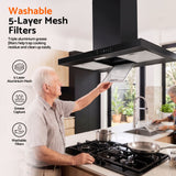 Devanti 90cm Island Rangehood Ceiling-Mounted 3-Speed Touch Control LED Black - Close-Up Angle