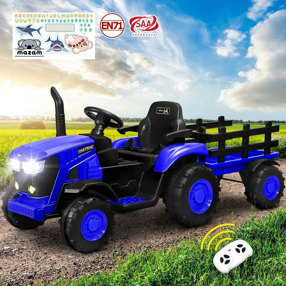 Mazam XL Kids Ride On Tractor 12V with Trailer Remote Blue