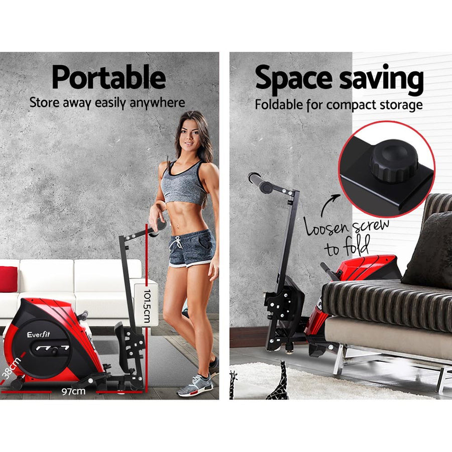 Everfit foldable rowing machine with elastic rope resistance and LCD, folded for storage