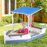 Keezi Kids Sandpit Wooden Box Boat Canopy Flag Outdoor Toys Children Blue - 45-Degree Angle