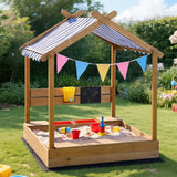 Keezi Kids Sandpit Wooden Sandbox Sand Pit with Canopy Water Basin Toys 146cm - Close-Up Angle