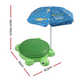 Keezi Kids Sandpit Turtle Sandbox Toys with Umbrella Lid Green 8 Accessories 3+ - Front View