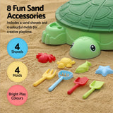 Keezi Kids Sandpit Turtle Sandbox Toys with Umbrella Lid Green 8 Accessories 3+ - Rear View