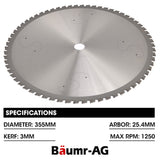 Baumr-AG 355mm Premium Ceramic Alloy Tooth Blade, Low Spark Cold Cut for Metal Cut Off Saw - 45-Degree Angle
