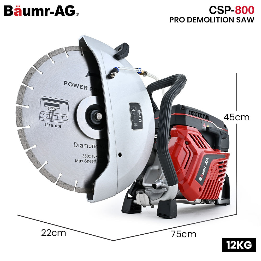BAUMR-AG 350mm Professional Concrete Demolition Saw 74cc 2-Stroke, Wet and Dry Demo Cutting, 14' Diamond Blade, Anti-Vibration System
