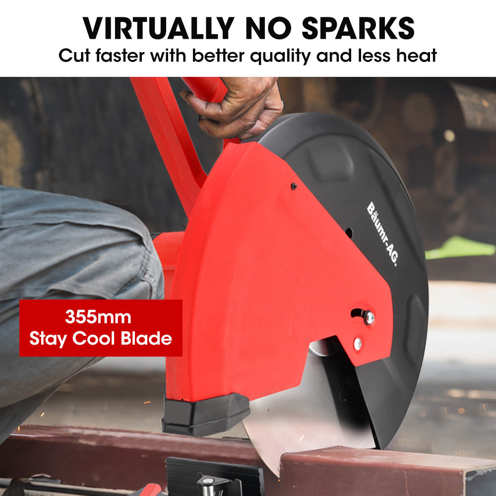 Baumr-AG 2400W 355mm 14' Metal Cut Off Cold Saw, Premium Low Spark Ceramic Alloy Tooth Blade, Measurement Scale, Soft Start, 45 Degree Mitre Chop