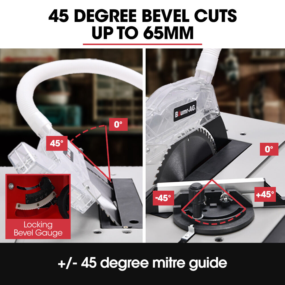 BAUMR-AG 2000W 255mm 10' Compound Table Saw, with Stand, Expandable Worktop, Vacuum Port, 45 Degree Bevel, +/- 45 Degree Mitre, Anti-tip