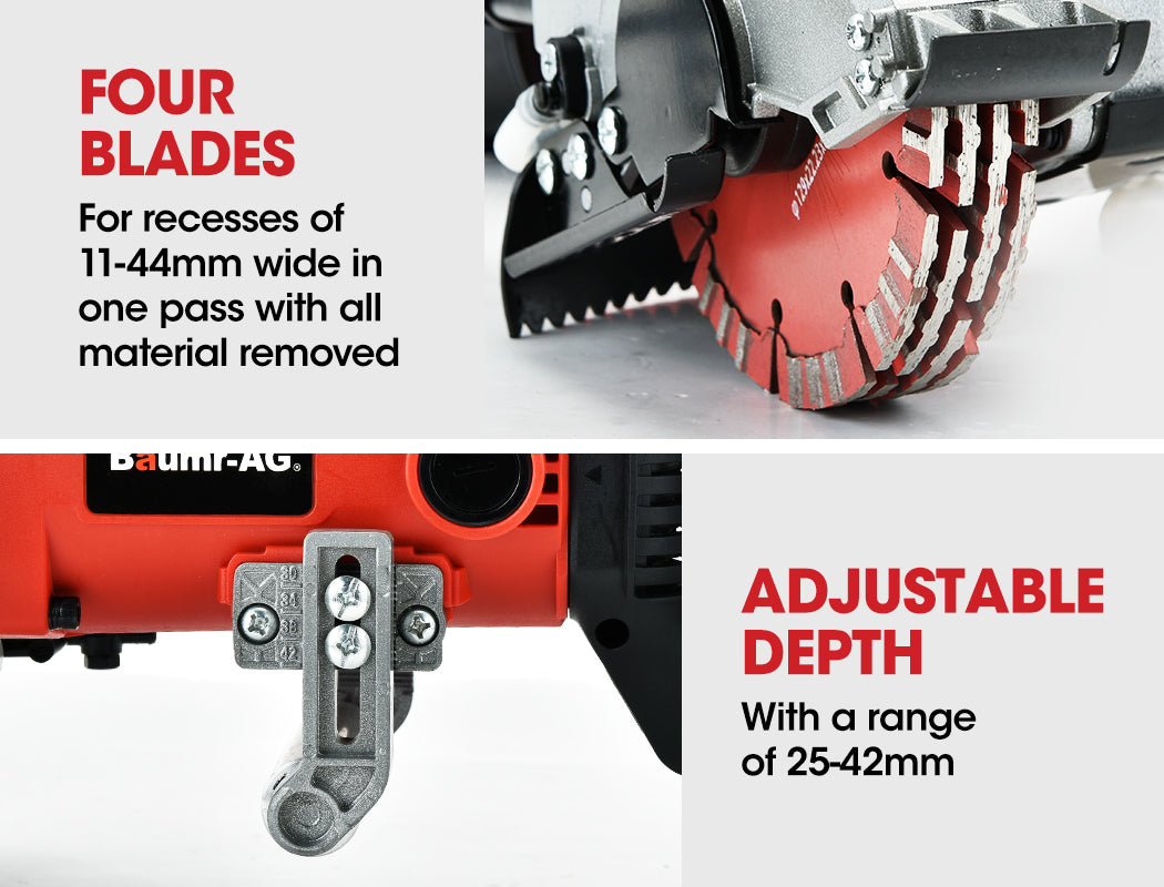 BAUMR-AG 125mm Wall Chaser with Dual Handles, Wet Cutting System, 4 Diamond Blades, Adjustable Depth
