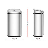 Devanti 50L Motion Sensor Bin Rubbish Automatic Silver - Front View