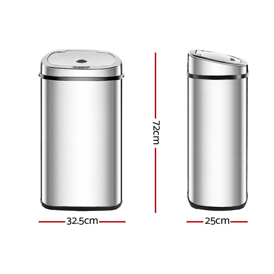 Devanti 50L automatic motion sensor bin in silver stainless steel, chrome plated lid