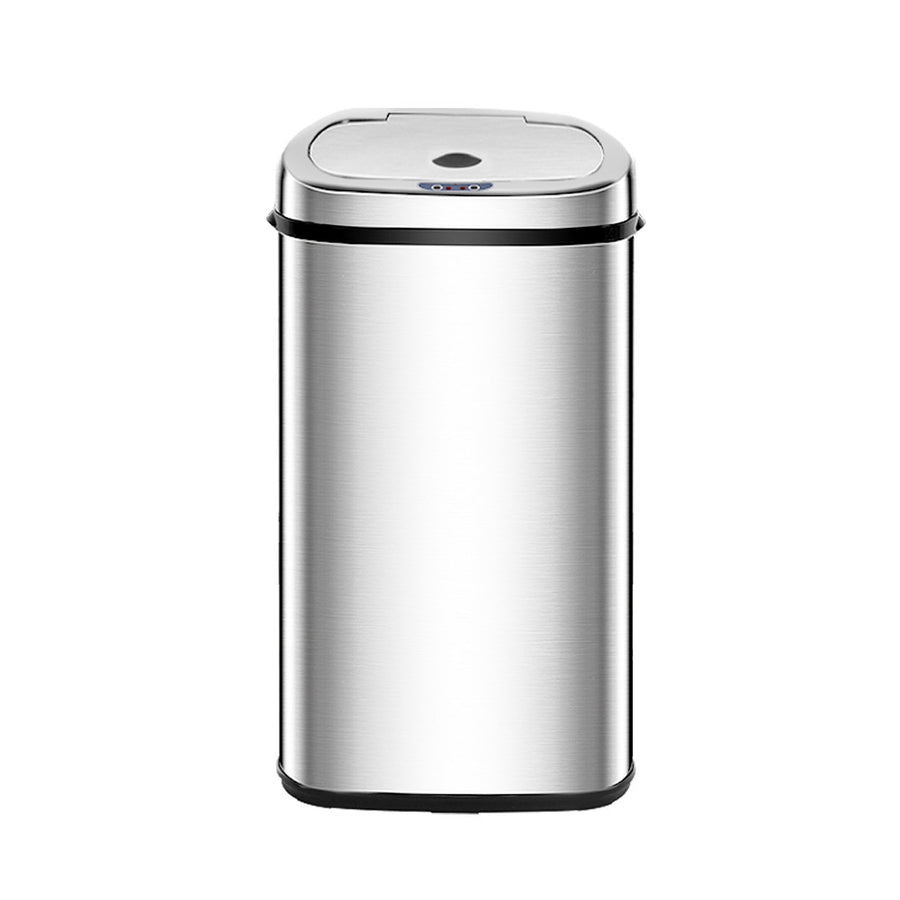 Devanti 50L automatic motion sensor bin in silver stainless steel, hands-free sensor opening
