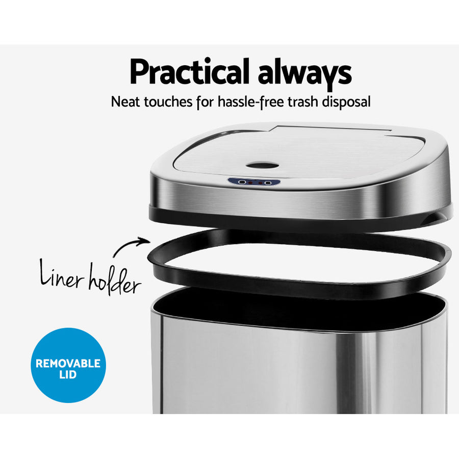 Devanti 50L automatic motion sensor bin in silver stainless steel, on/off switch