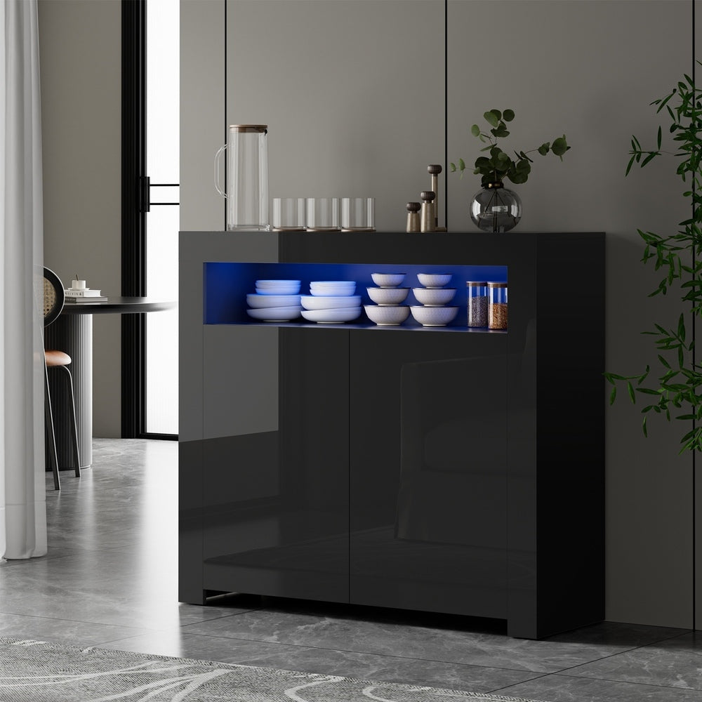 Oikiture Buffet Sideboard LED RGB High Gloss 2 Doors Black