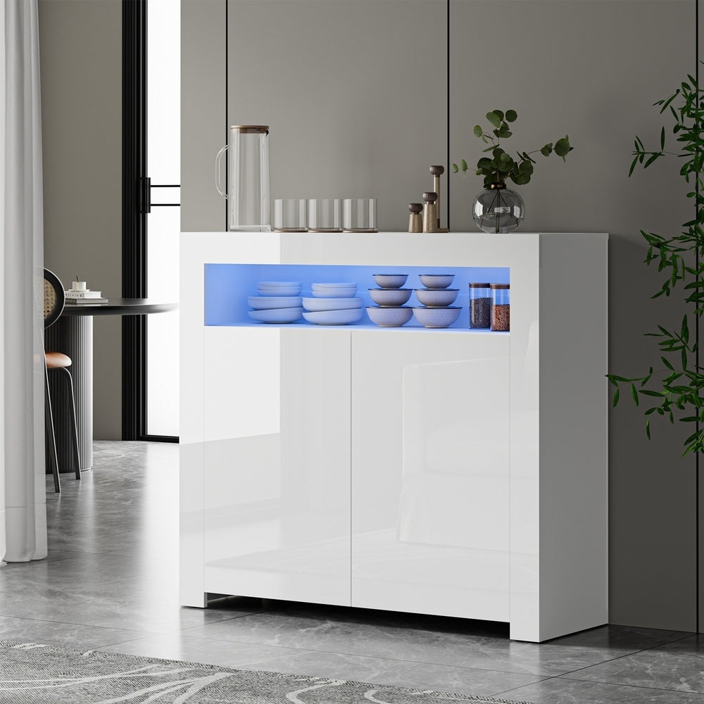 Oikiture Buffet Sideboard LED RGB High Gloss 2 Doors White