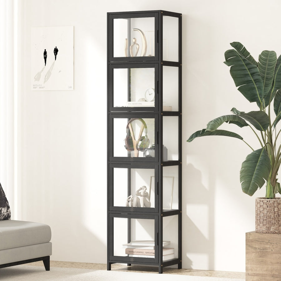 Oikiture Display Cabinet 5-Tier Slim Storage Shelves Black, image 6