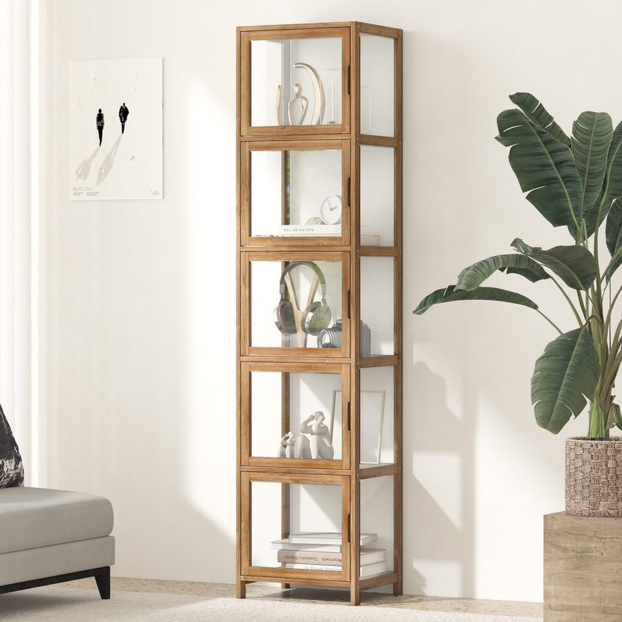 Oikiture Display Cabinet 5-Tier Slim Storage Shelves Brown, image 3