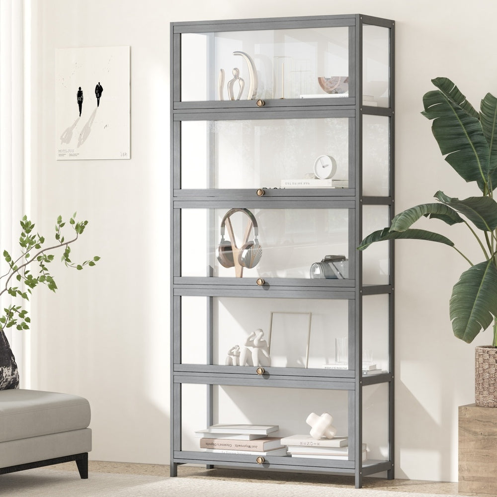 Oikiture Display Cabinet 5 Tiers Clear Door Grey