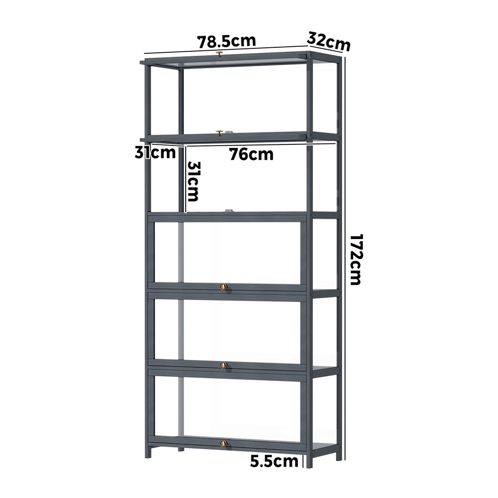Oikiture Display Cabinet 5 Tiers Clear Door Grey