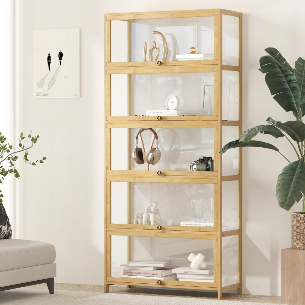 Oikiture Display Cabinet 5-Tier Clear Shelves Oak