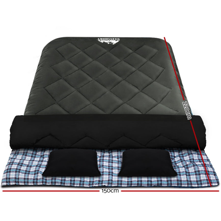 Weisshorn double sleeping bag with two pillows, grey, rated -10°C, two included pillows