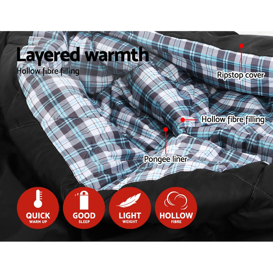 Weisshorn double sleeping bag with two pillows, grey, rated -10°C, unzipped flat as a blanket