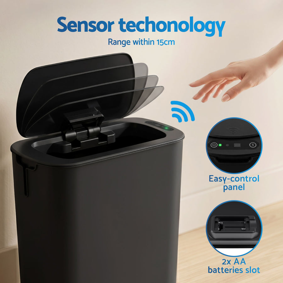 Devanti Automatic Trash Bin with Lid 11L Motion Sensor Kitchen Bin Touchless Garbage Can Modern Black Plastic Slim Rubbish Bin with Liner Holder for Kitchen, Home, Office