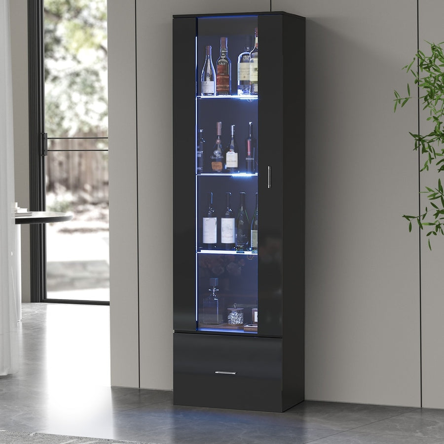 Oikiture Buffet Sideboard LED High Gloss Glass Door Black