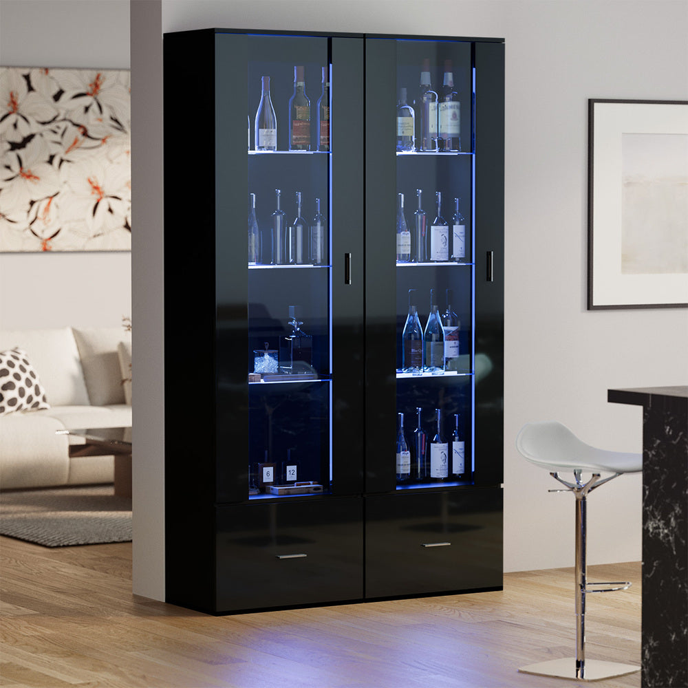 Oikiture Buffet Sideboard LED High Gloss Glass Door Black