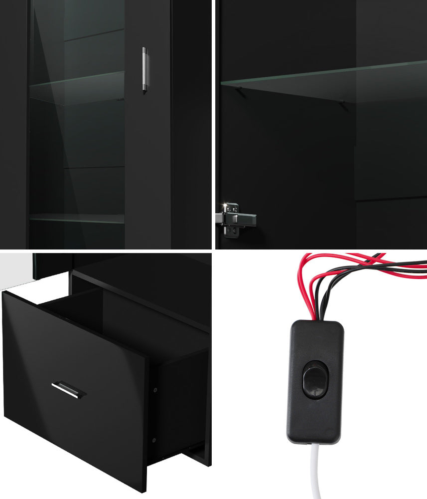 Oikiture Buffet Sideboard LED High Gloss Glass Door Black