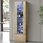 Oikiture Display Cabinet Buffet Sideboard LED Light High Gloss Door Natural